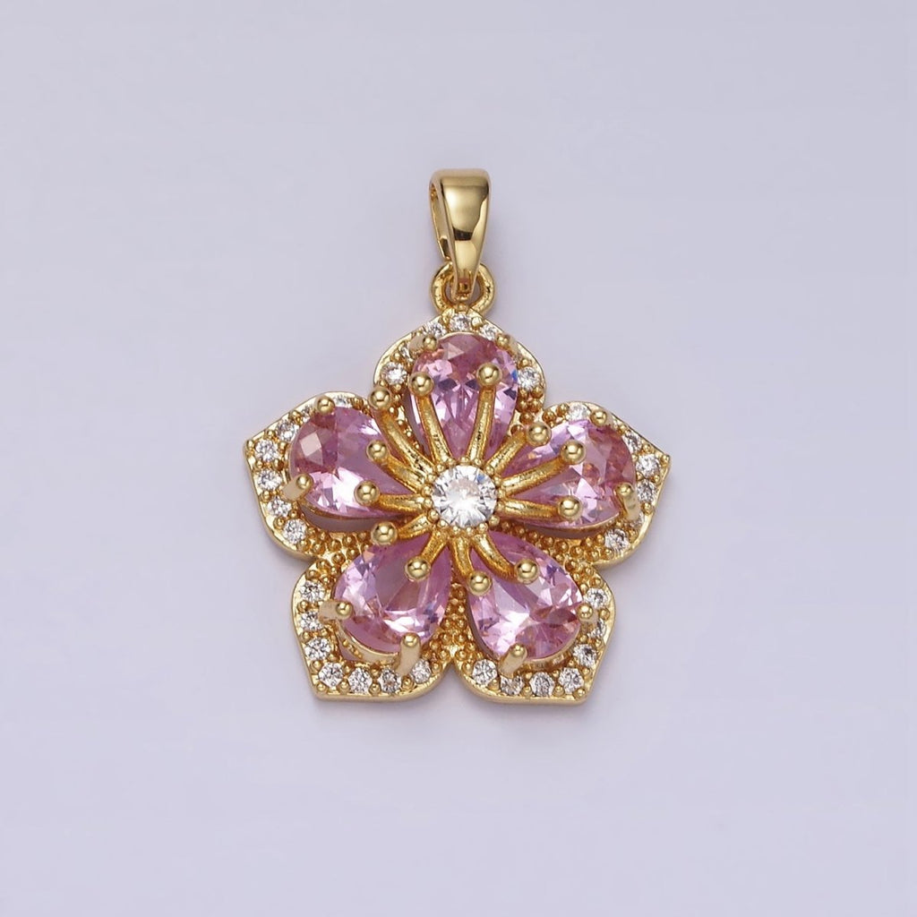 14K Gold plated Pink Petal Clear Micro Paved CZ Flower Pendant | AH049 - DLUXCA