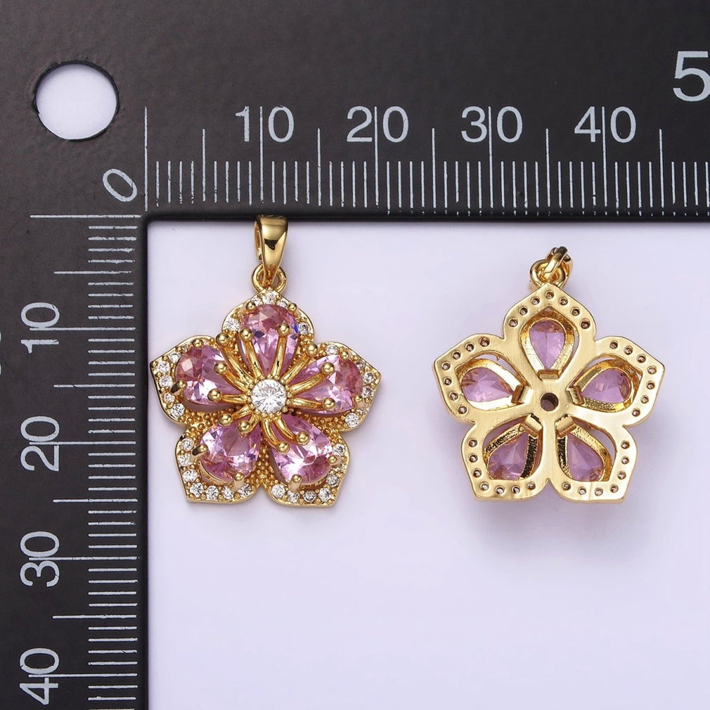 14K Gold plated Pink Petal Clear Micro Paved CZ Flower Pendant | AH049 - DLUXCA