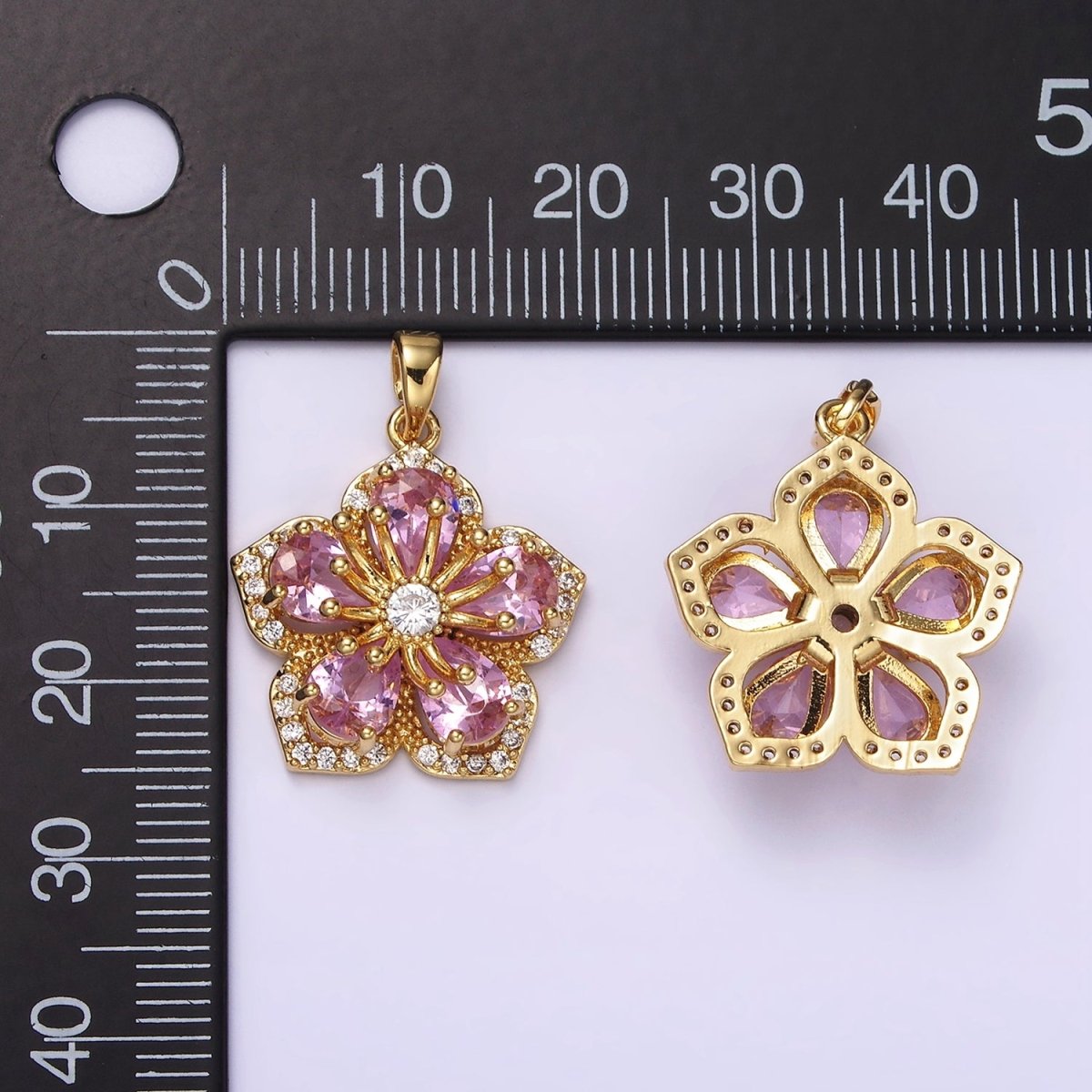 14K Gold plated Pink Petal Clear Micro Paved CZ Flower Pendant | AH049 - DLUXCA
