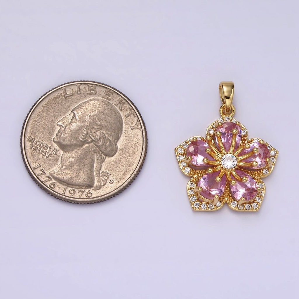 14K Gold plated Pink Petal Clear Micro Paved CZ Flower Pendant | AH049 - DLUXCA