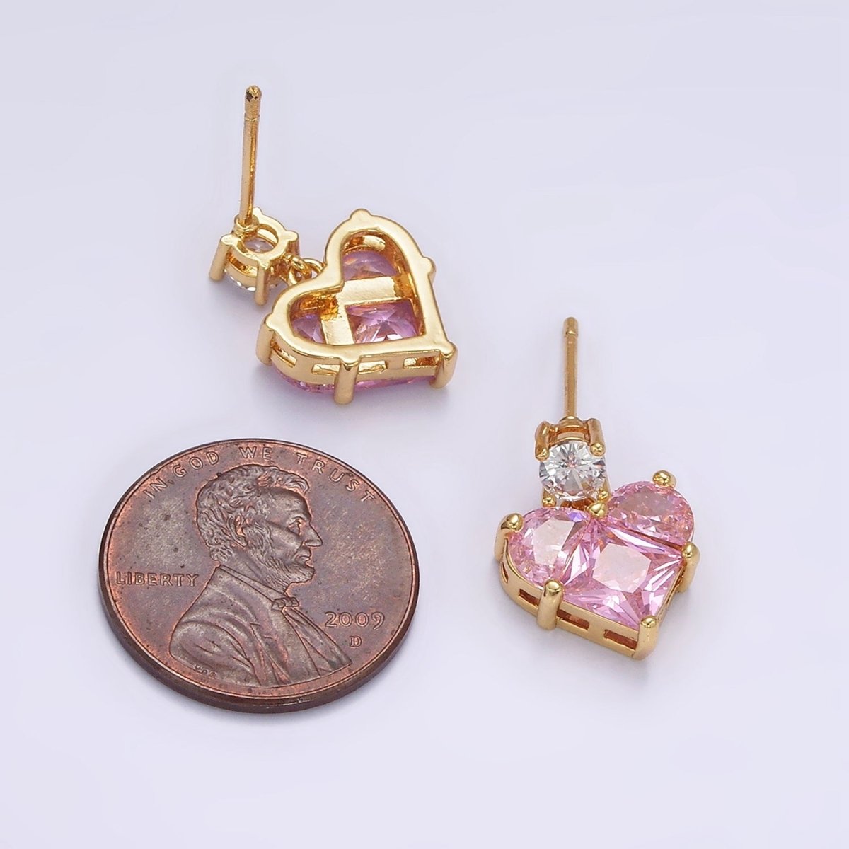 14K Gold plated Pink Pixelated CZ Heart Drop Stud Earrings | AB485 - DLUXCA