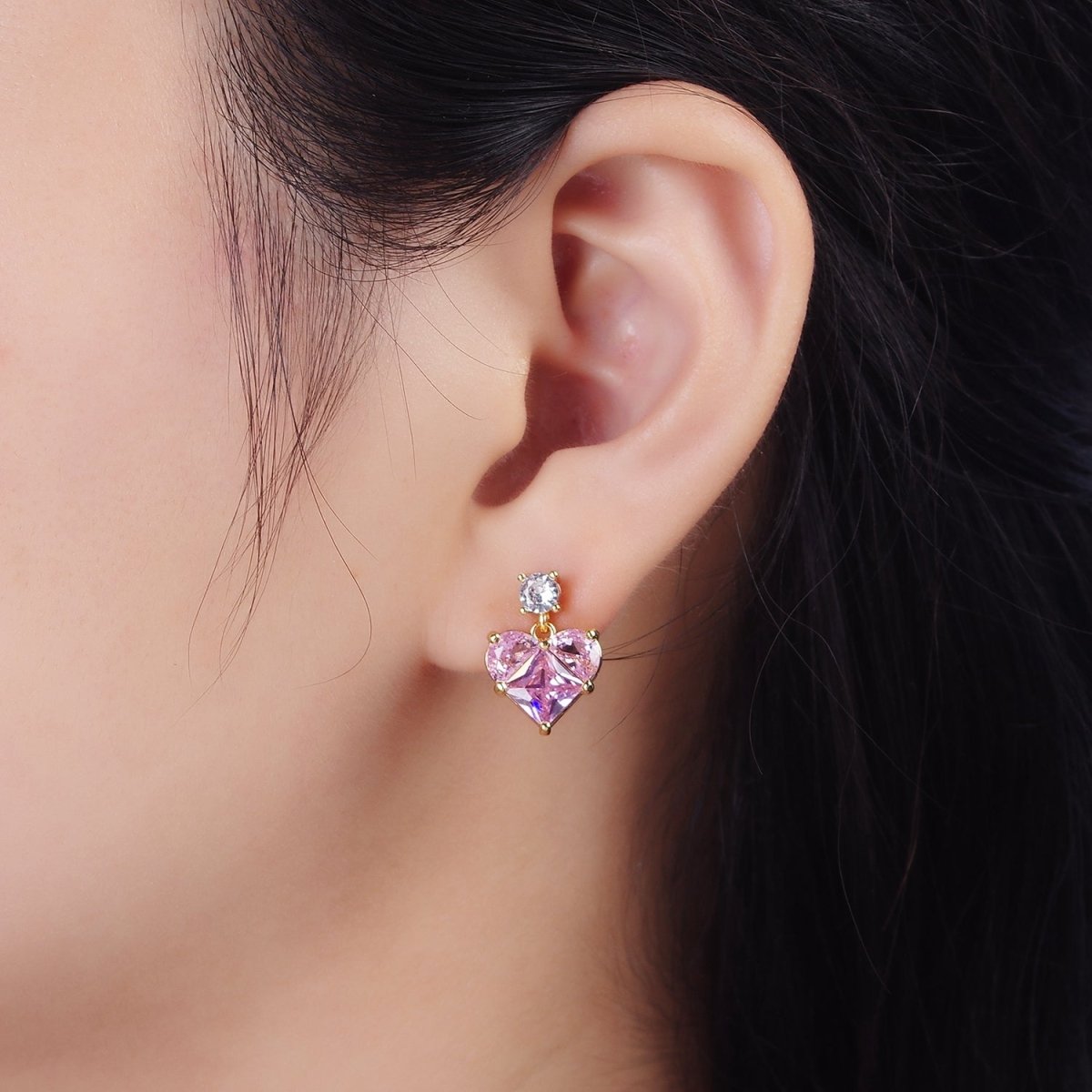 14K Gold plated Pink Pixelated CZ Heart Drop Stud Earrings | AB485 - DLUXCA