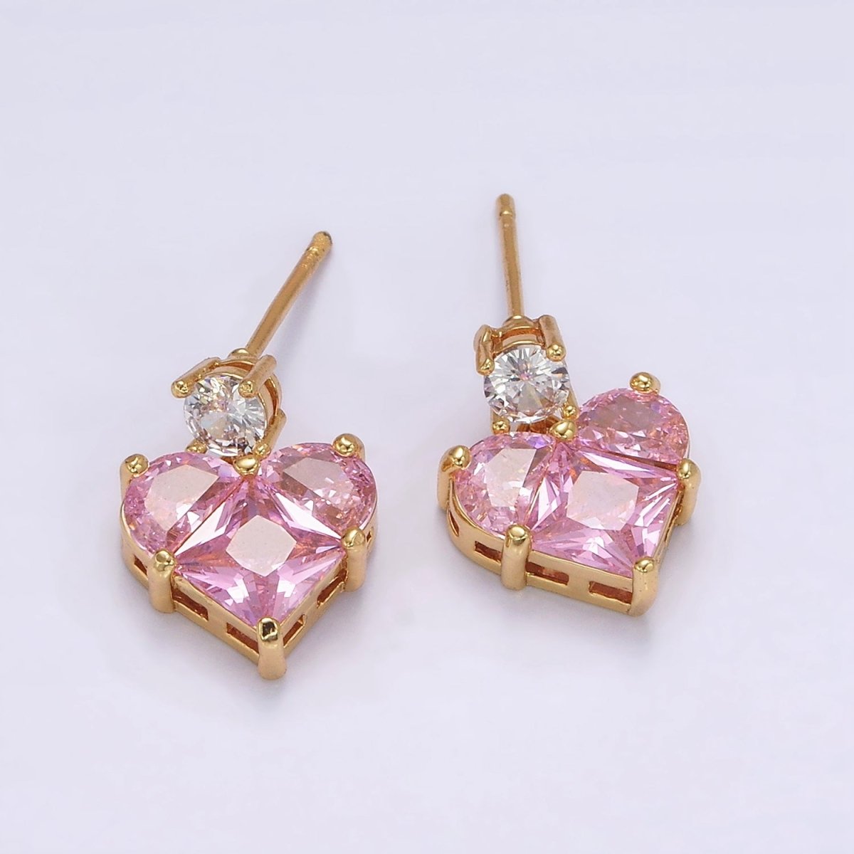 14K Gold plated Pink Pixelated CZ Heart Drop Stud Earrings | AB485 - DLUXCA