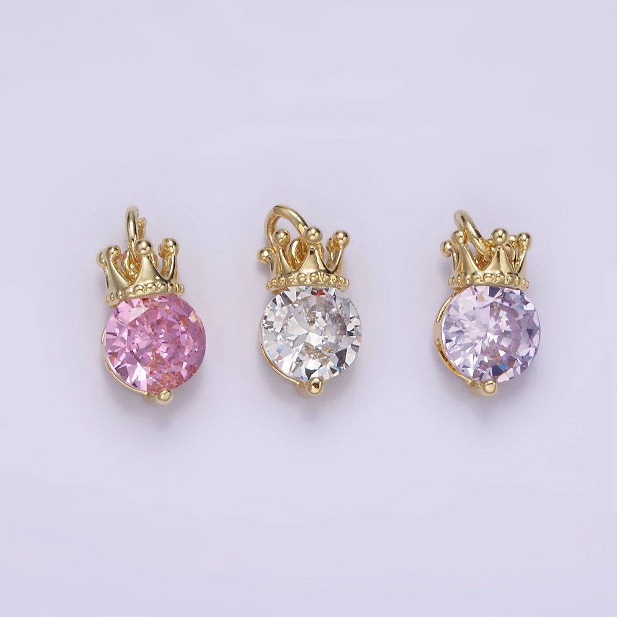 14K Gold plated Pink, Purple, Clear Round CZ Crown Add-On Charm | AG238 - AG240 - DLUXCA