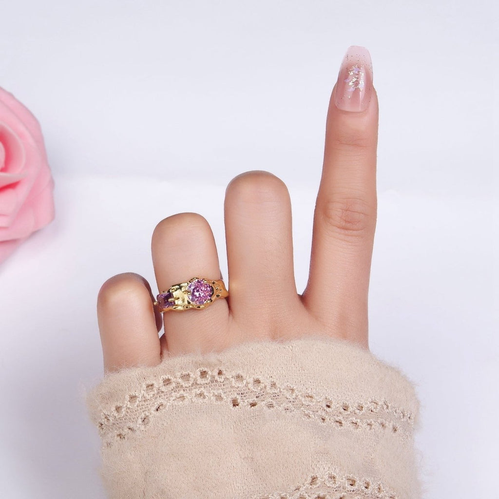 14K Gold plated Pink Purple CZ Hammered Ring in Gold & Silver | O1329 O1330 - DLUXCA