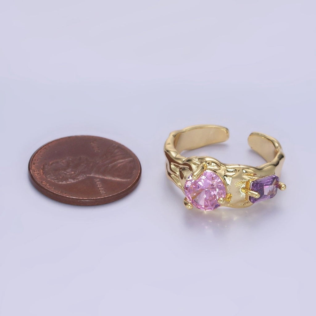 14K Gold plated Pink Purple CZ Hammered Ring in Gold & Silver | O1329 O1330 - DLUXCA