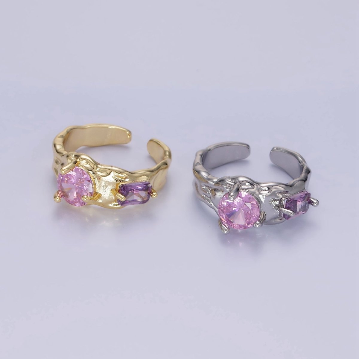 14K Gold plated Pink Purple CZ Hammered Ring in Gold & Silver | O1329 O1330 - DLUXCA