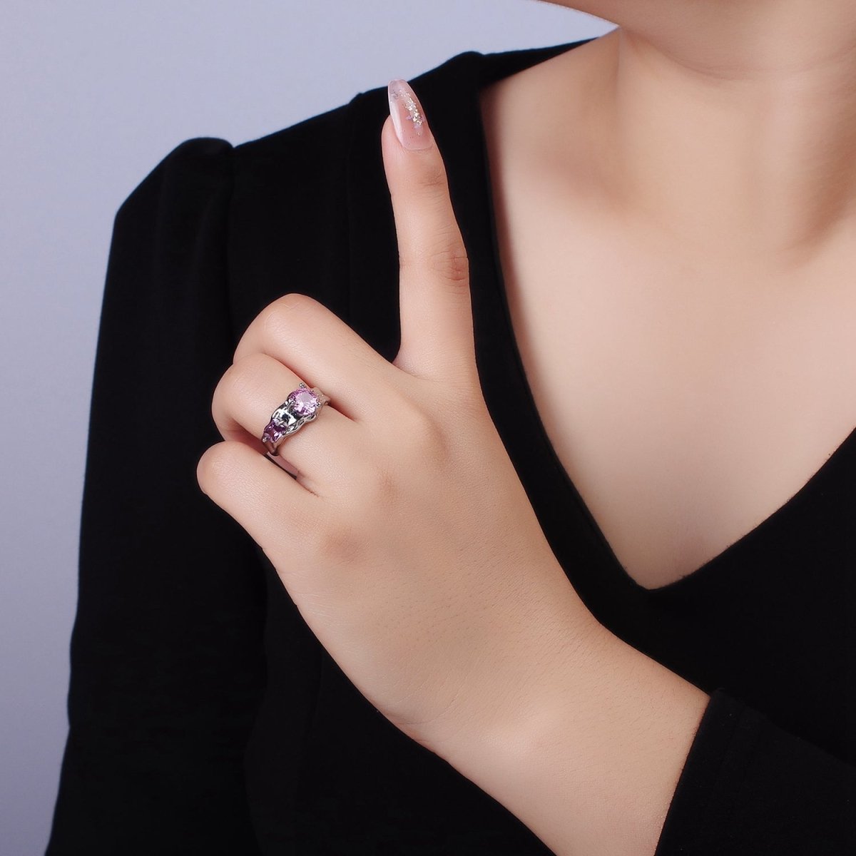 14K Gold plated Pink Purple CZ Hammered Ring in Gold & Silver | O1329 O1330 - DLUXCA