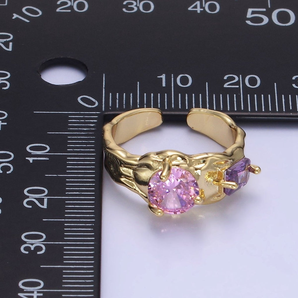 14K Gold plated Pink Purple CZ Hammered Ring in Gold & Silver | O1329 O1330 - DLUXCA