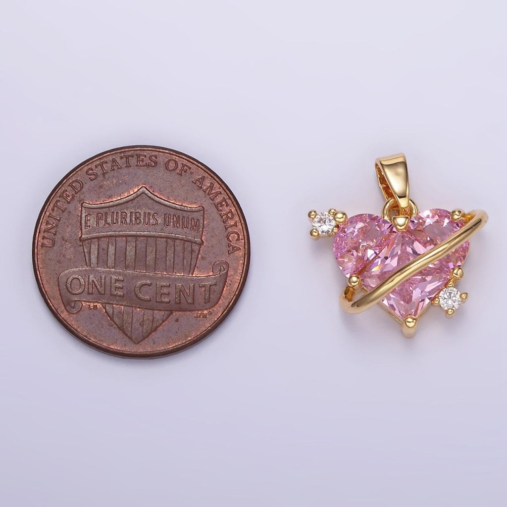 14K Gold plated Pixel Heart Pink CZ Lined Pendant | AA060 - DLUXCA