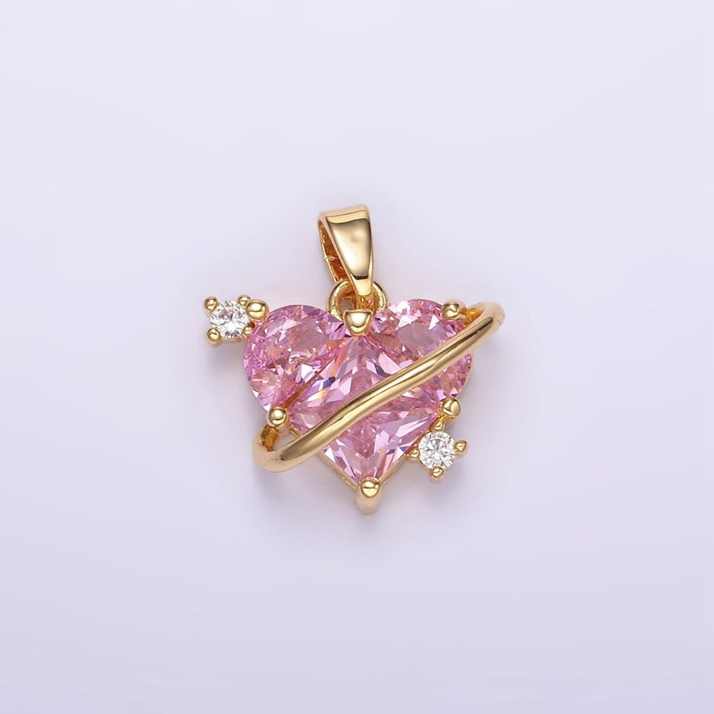 14K Gold plated Pixel Heart Pink CZ Lined Pendant | AA060 - DLUXCA