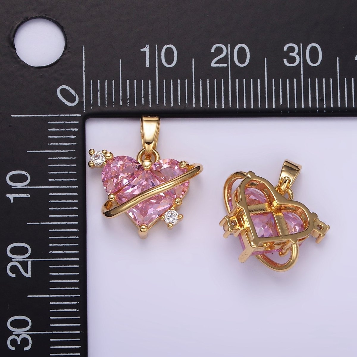 14K Gold plated Pixel Heart Pink CZ Lined Pendant | AA060 - DLUXCA