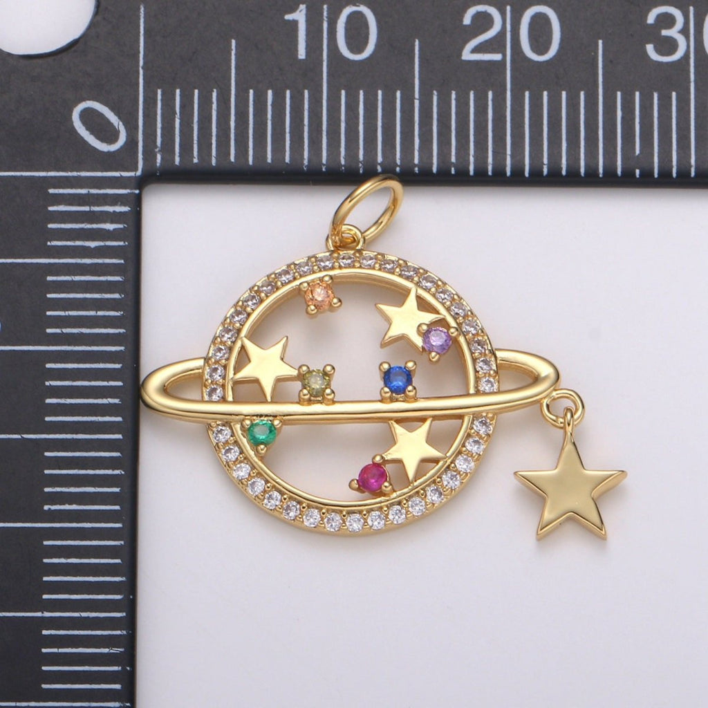 14k Gold plated Planet Saturn Charm Pendant, Micro Pave CZ Galaxy Charm Colorful Star for Necklace Bracelet Component Celestial Jewelry E-214 - DLUXCA