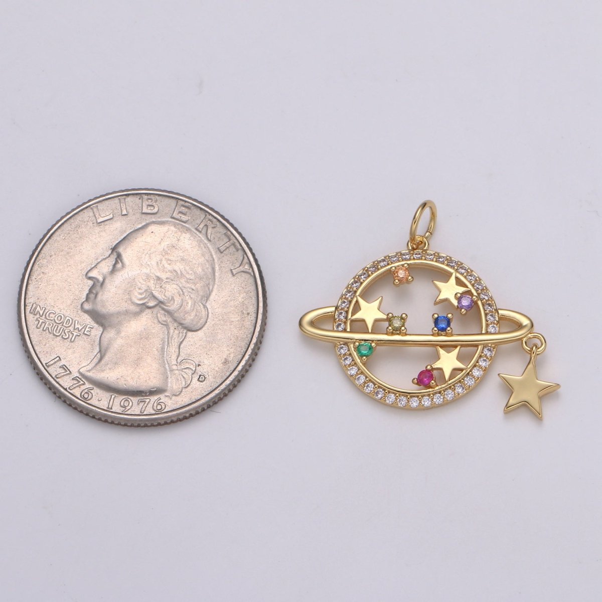 14k Gold plated Planet Saturn Charm Pendant, Micro Pave CZ Galaxy Charm Colorful Star for Necklace Bracelet Component Celestial Jewelry E-214 - DLUXCA