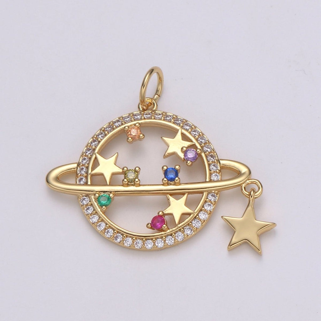 14k Gold plated Planet Saturn Charm Pendant, Micro Pave CZ Galaxy Charm Colorful Star for Necklace Bracelet Component Celestial Jewelry E-214 - DLUXCA