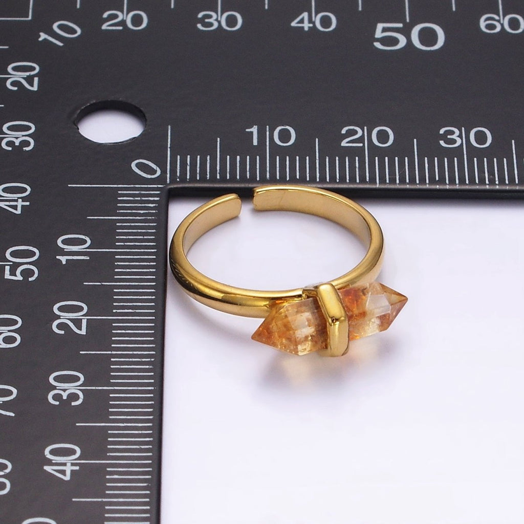 14K Gold plated Pointed Wand Citrine, Rose Quartz, Aquamarine, Amazonite, Howlite, Amethyst, Labradorite, Onyx Ring | O1043 - O1050