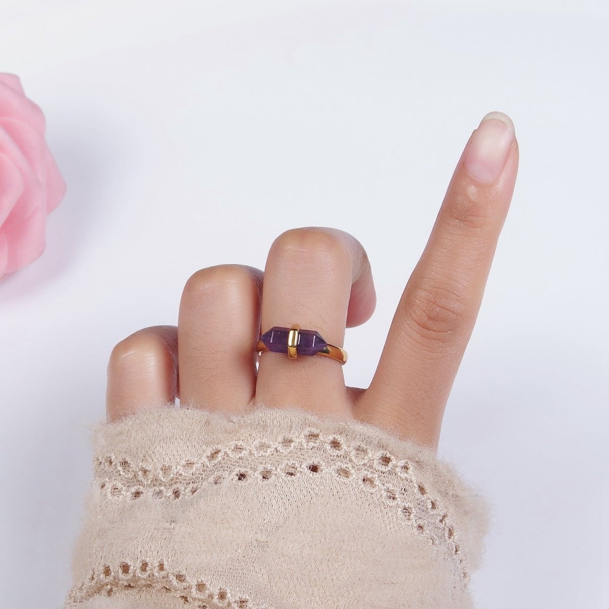 14K Gold plated Pointed Wand Citrine, Rose Quartz, Aquamarine, Amazonite, Howlite, Amethyst, Labradorite, Onyx Ring | O1043 - O1050