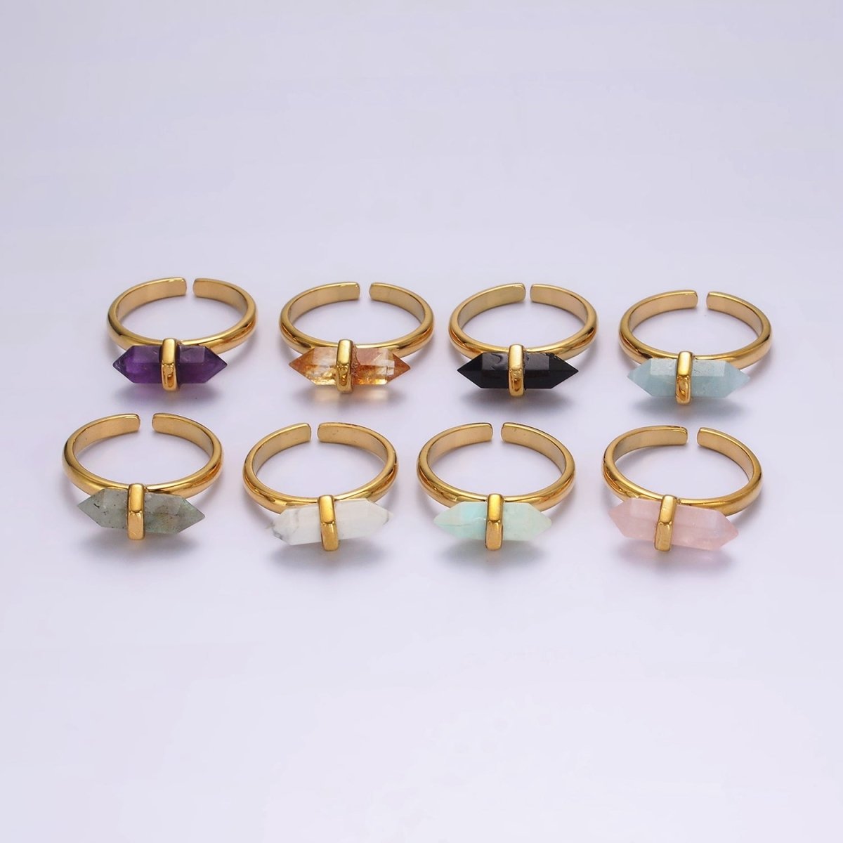 14K Gold plated Pointed Wand Citrine, Rose Quartz, Aquamarine, Amazonite, Howlite, Amethyst, Labradorite, Onyx Ring | O1043 - O1050