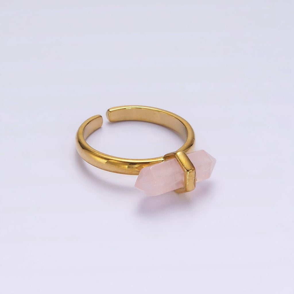 14K Gold plated Pointed Wand Citrine, Rose Quartz, Aquamarine, Amazonite, Howlite, Amethyst, Labradorite, Onyx Ring | O1043 - O1050