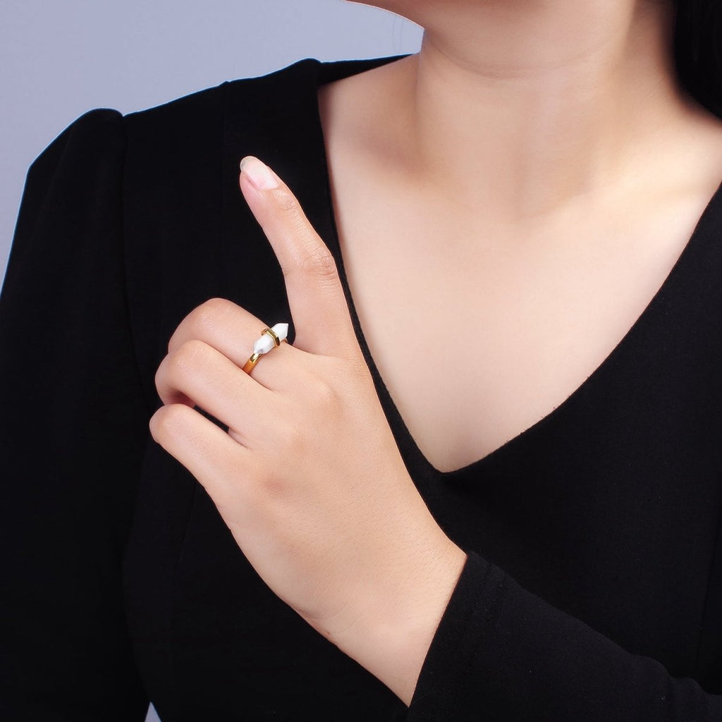 14K Gold plated Pointed Wand Citrine, Rose Quartz, Aquamarine, Amazonite, Howlite, Amethyst, Labradorite, Onyx Ring | O1043 - O1050