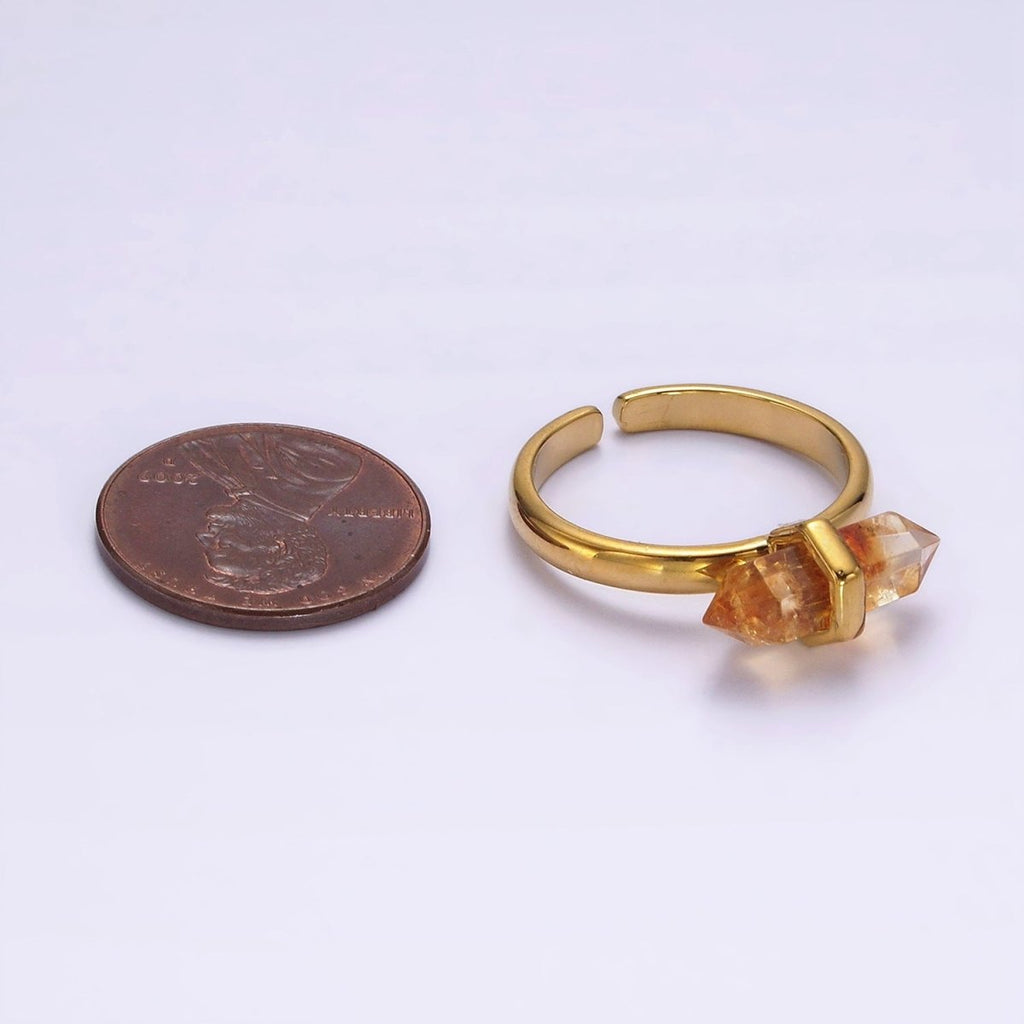 14K Gold plated Pointed Wand Citrine, Rose Quartz, Aquamarine, Amazonite, Howlite, Amethyst, Labradorite, Onyx Ring | O1043 - O1050