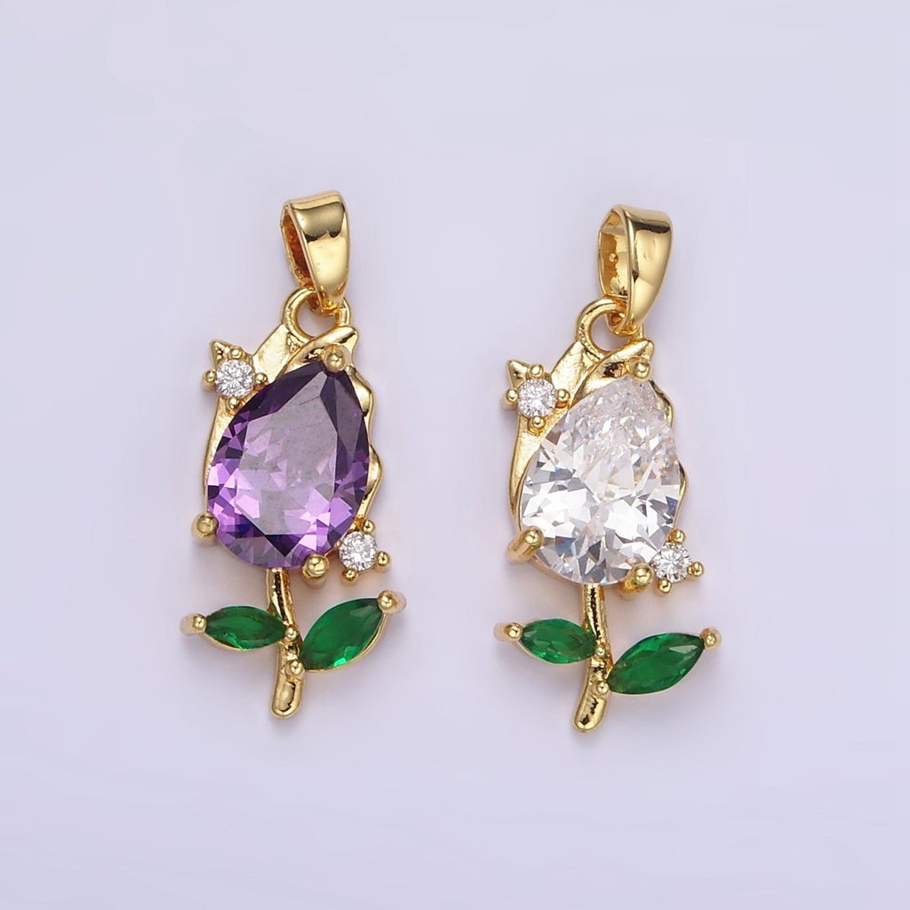 14K Gold plated Purple, Clear CZ Floral Rose Pendant | AA061