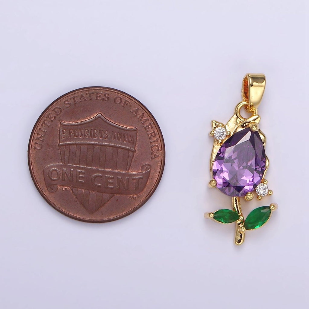 14K Gold plated Purple, Clear CZ Floral Rose Pendant | AA061