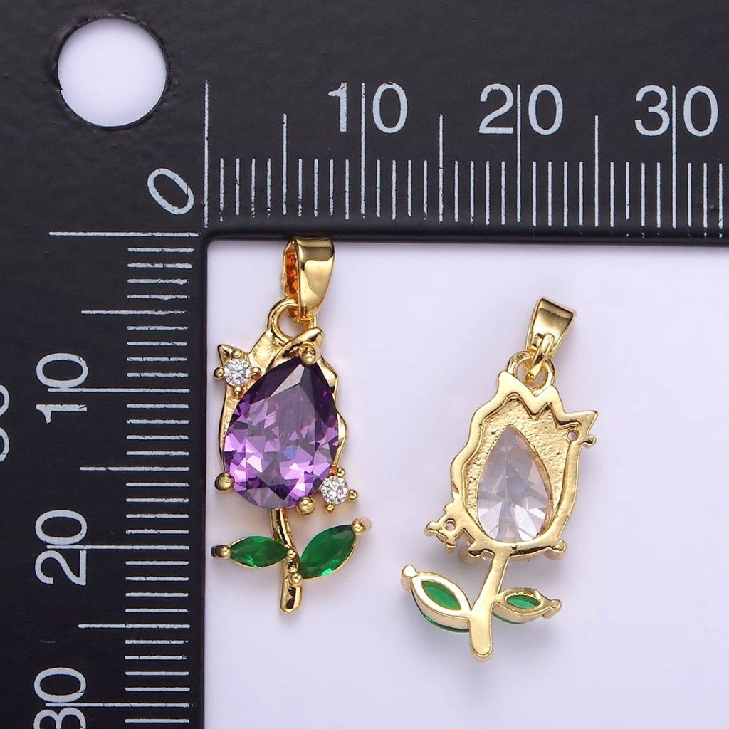 14K Gold plated Purple, Clear CZ Floral Rose Pendant | AA061