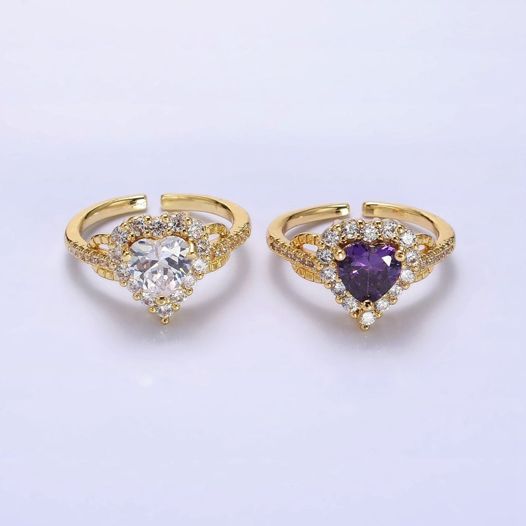 14K Gold plated Purple, Clear CZ Heart Micro Paved Ring | O-592 O-593