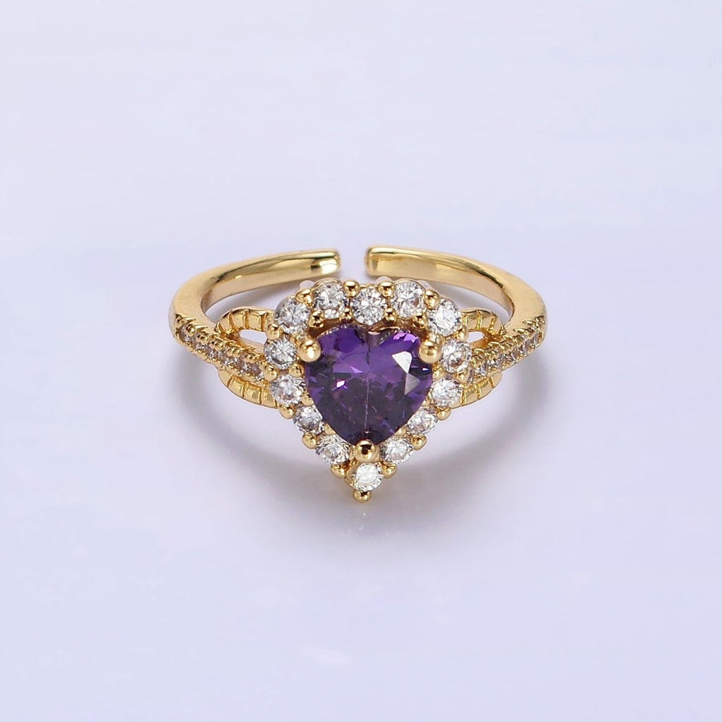 14K Gold plated Purple, Clear CZ Heart Micro Paved Ring | O-592 O-593