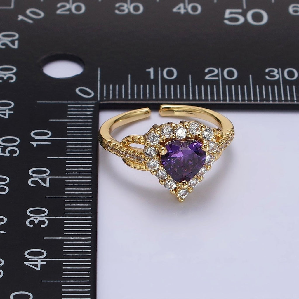 14K Gold plated Purple, Clear CZ Heart Micro Paved Ring | O-592 O-593
