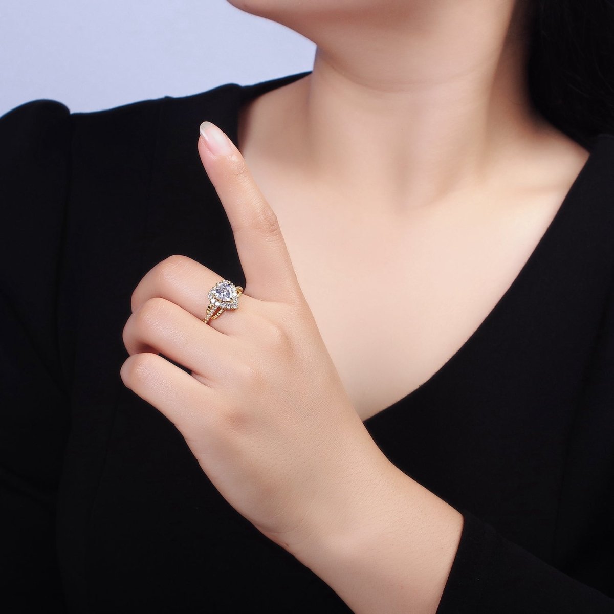 14K Gold plated Purple, Clear CZ Heart Micro Paved Ring | O-592 O-593