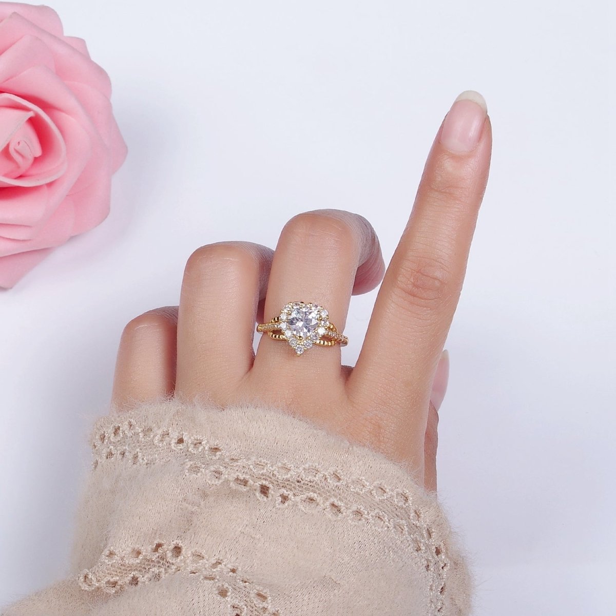 14K Gold plated Purple, Clear CZ Heart Micro Paved Ring | O-592 O-593