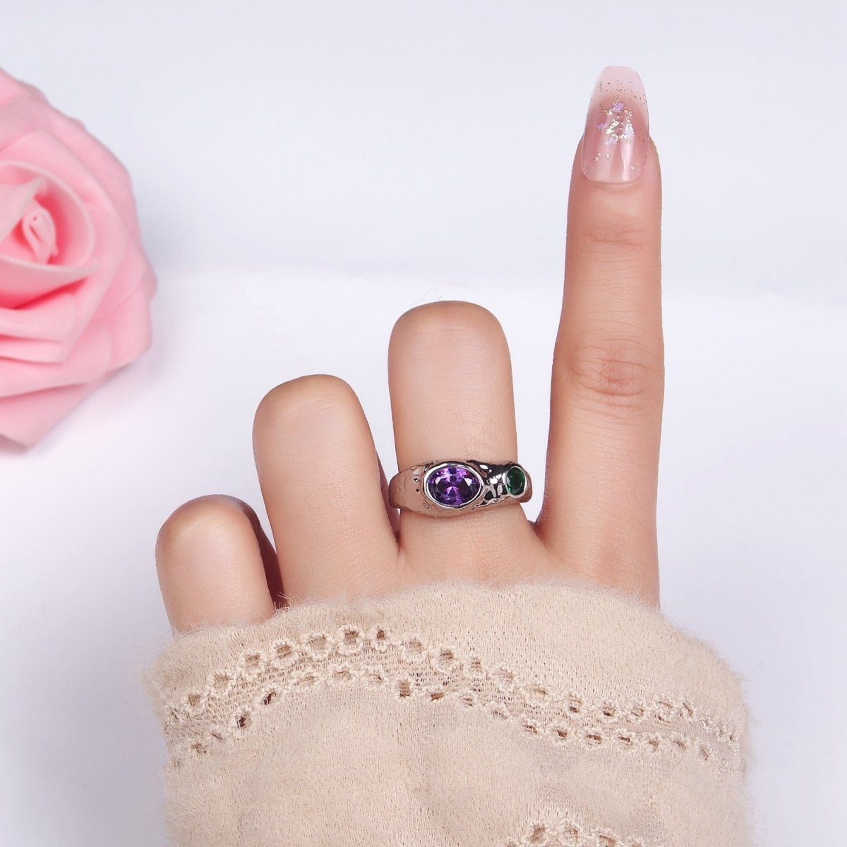14K Gold plated Purple Green CZ Hammered Ring in Gold & Silver | O1339 O1340 - DLUXCA