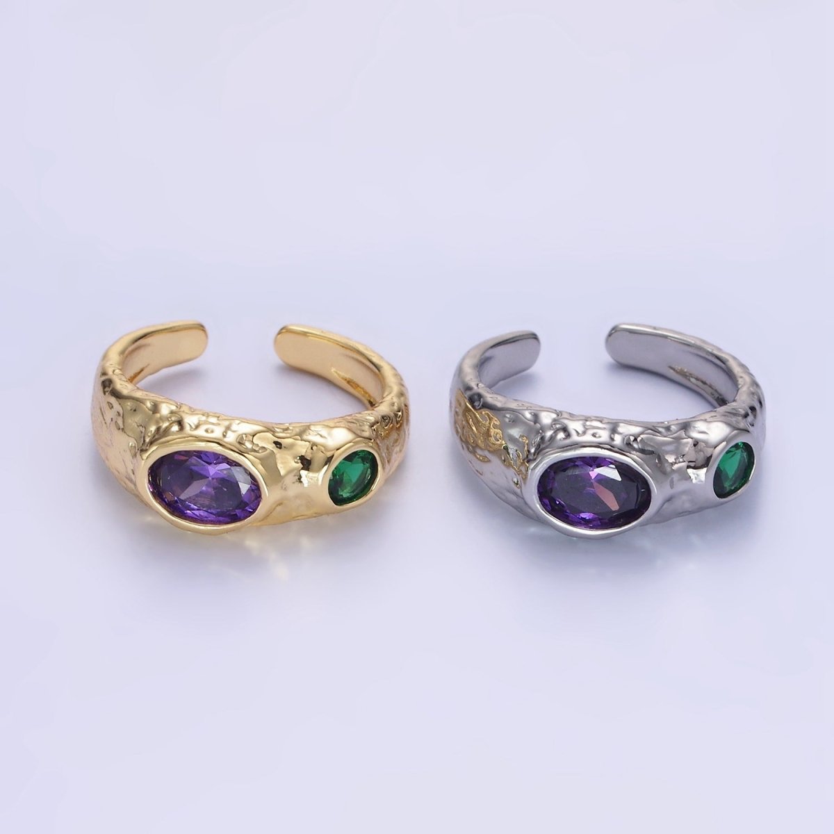 14K Gold plated Purple Green CZ Hammered Ring in Gold & Silver | O1339 O1340 - DLUXCA