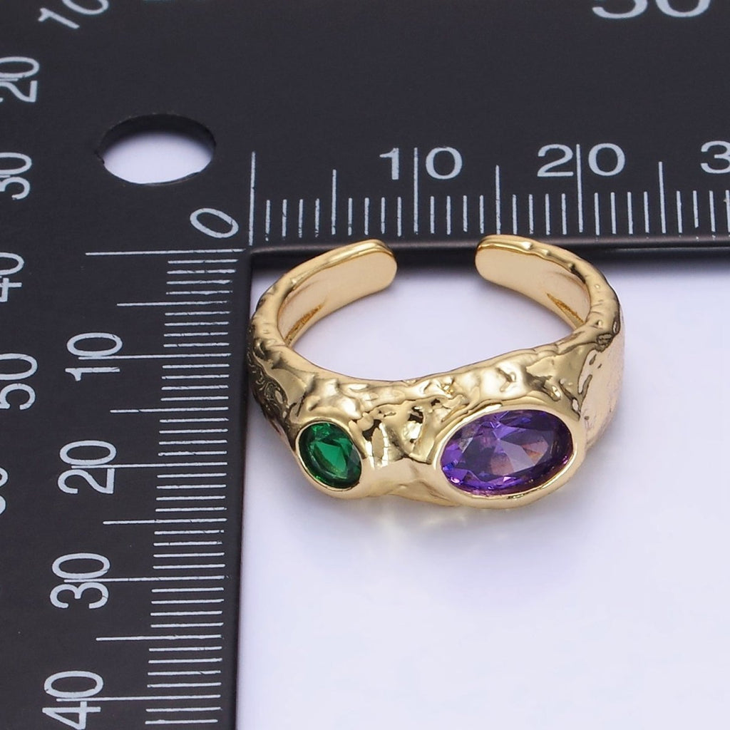 14K Gold plated Purple Green CZ Hammered Ring in Gold & Silver | O1339 O1340 - DLUXCA
