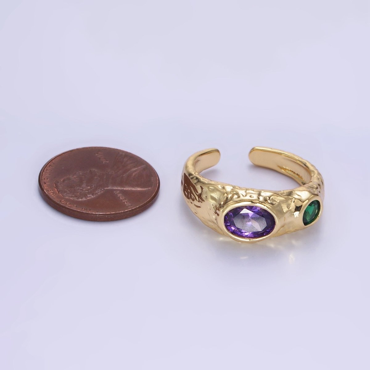 14K Gold plated Purple Green CZ Hammered Ring in Gold & Silver | O1339 O1340 - DLUXCA