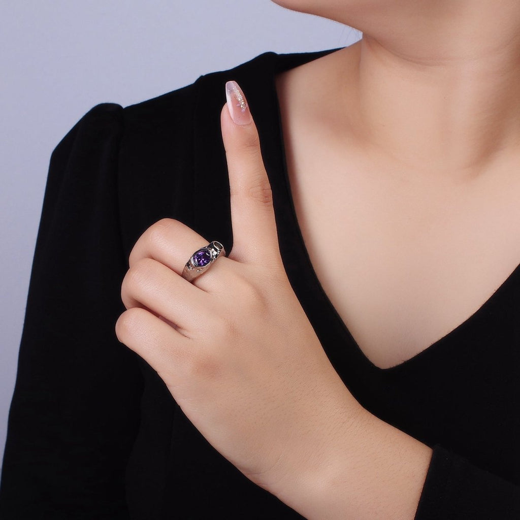 14K Gold plated Purple Green CZ Hammered Ring in Gold & Silver | O1339 O1340 - DLUXCA