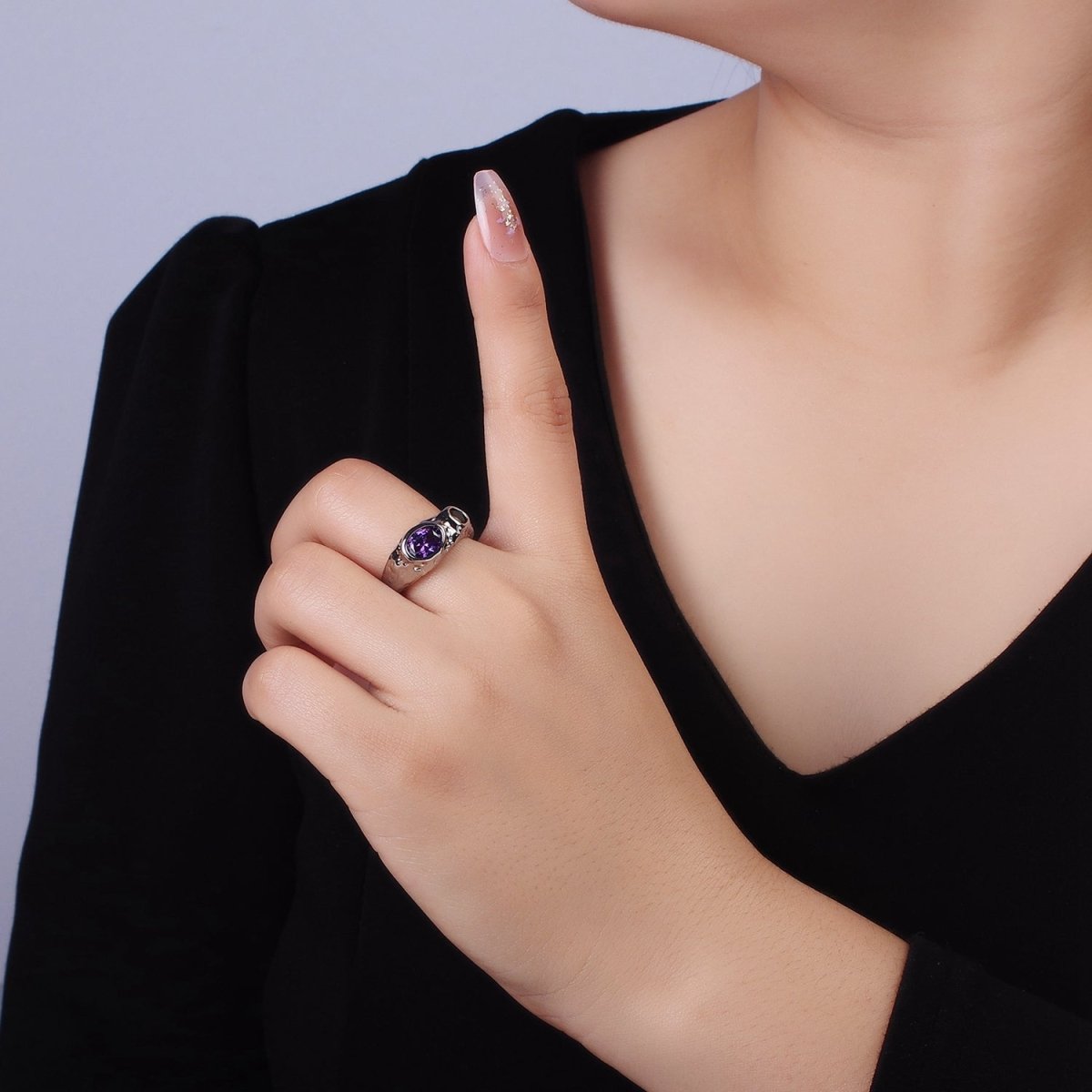 14K Gold plated Purple Green CZ Hammered Ring in Gold & Silver | O1339 O1340 - DLUXCA