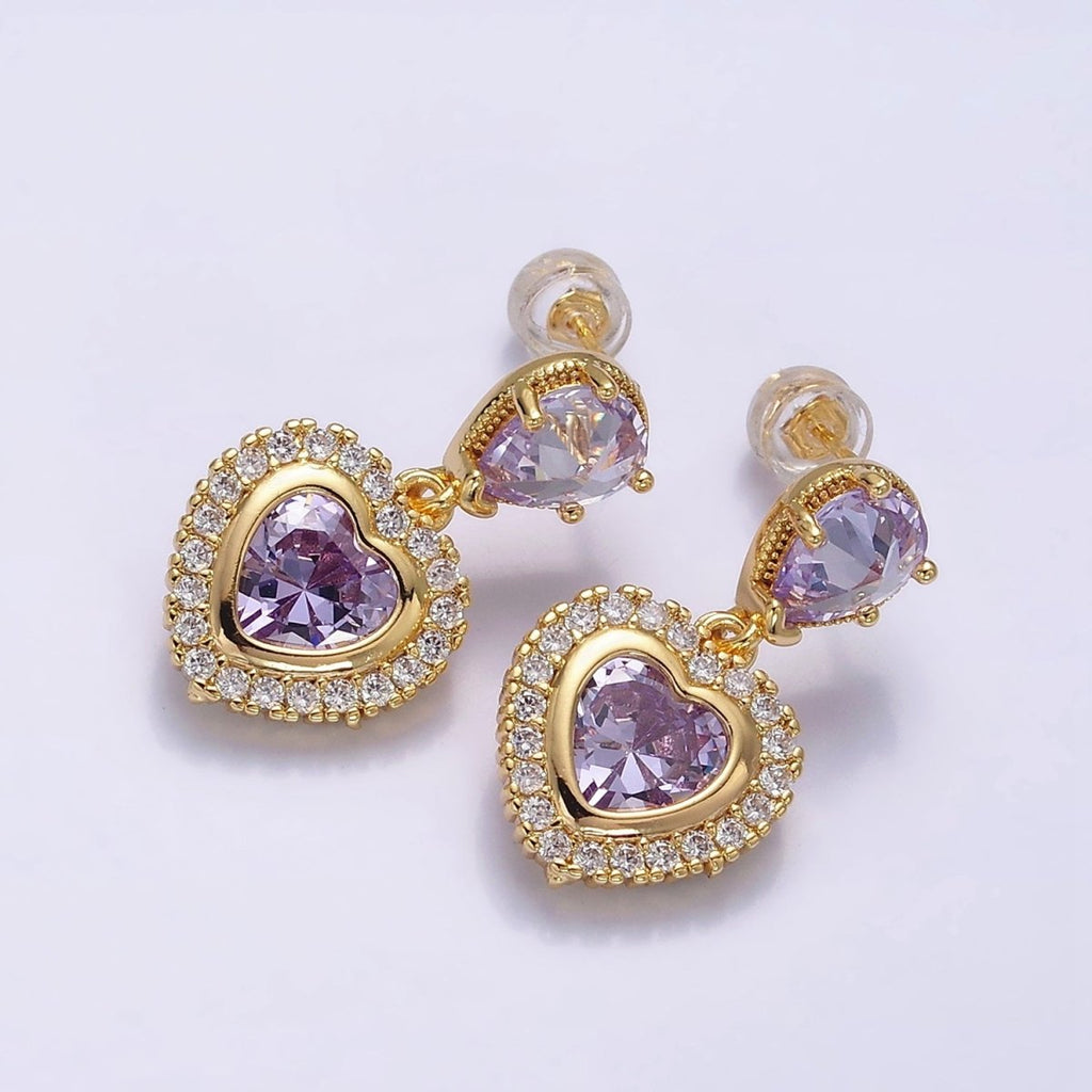 14K Gold plated Purple Heart Micro Paved CZ Drop Stud Earrings in Gold & Silver | AD1010 AD1011