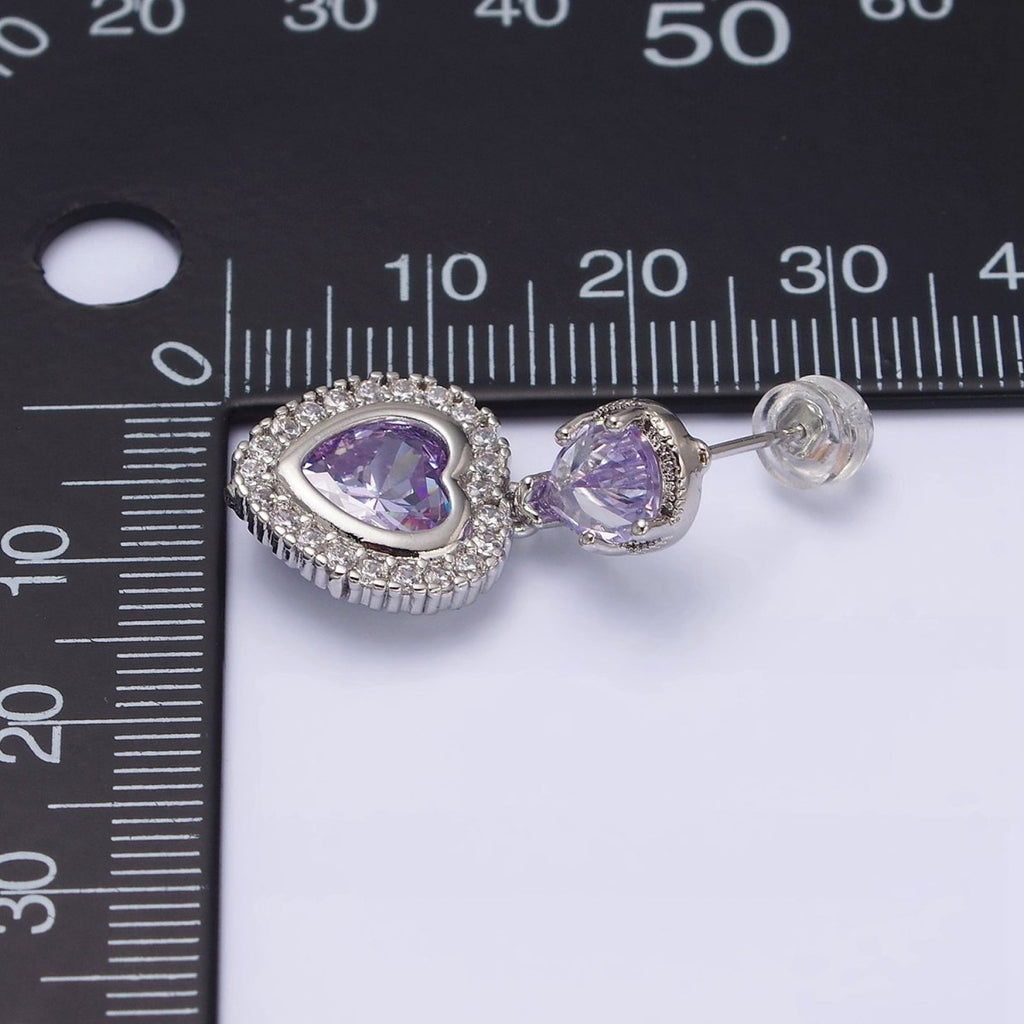14K Gold plated Purple Heart Micro Paved CZ Drop Stud Earrings in Gold & Silver | AD1010 AD1011