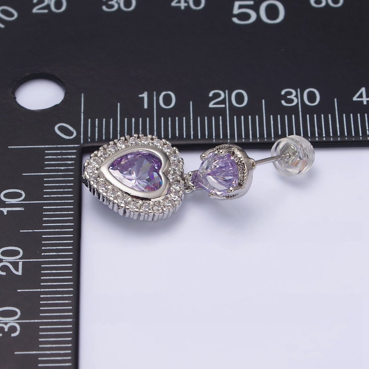 14K Gold plated Purple Heart Micro Paved CZ Drop Stud Earrings in Gold & Silver | AD1010 AD1011