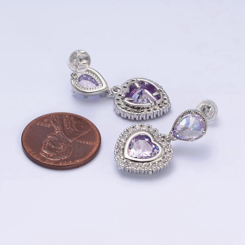 14K Gold plated Purple Heart Micro Paved CZ Drop Stud Earrings in Gold & Silver | AD1010 AD1011