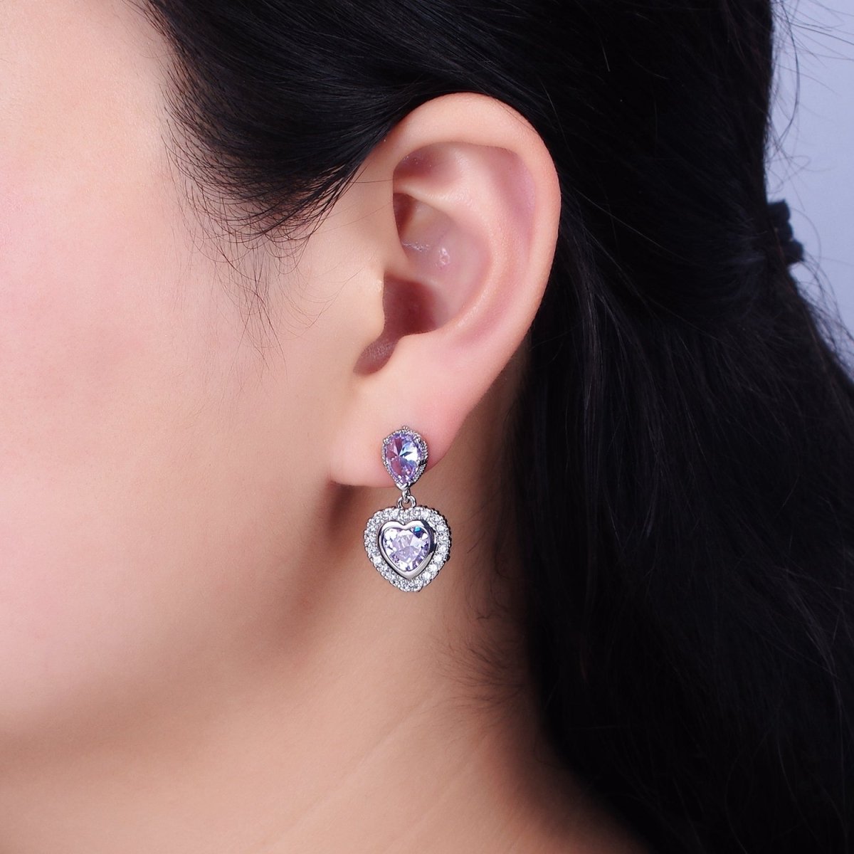 14K Gold plated Purple Heart Micro Paved CZ Drop Stud Earrings in Gold & Silver | AD1010 AD1011