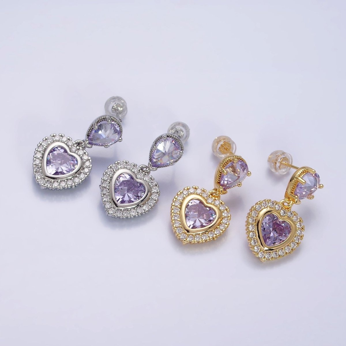 14K Gold plated Purple Heart Micro Paved CZ Drop Stud Earrings in Gold & Silver | AD1010 AD1011
