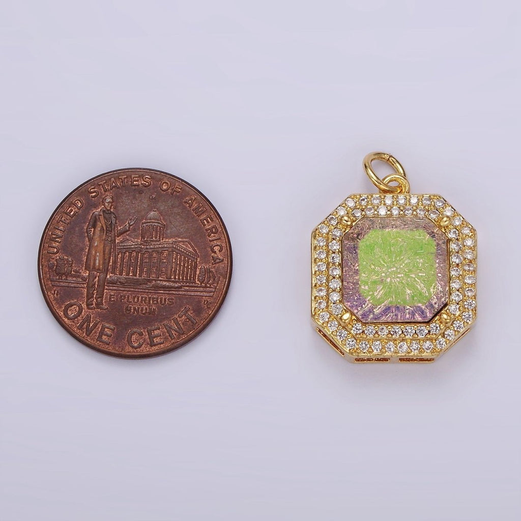 14K Gold plated Purple Iridescent CZ Micro Paved Hexagonal Charm | AG443 - DLUXCA