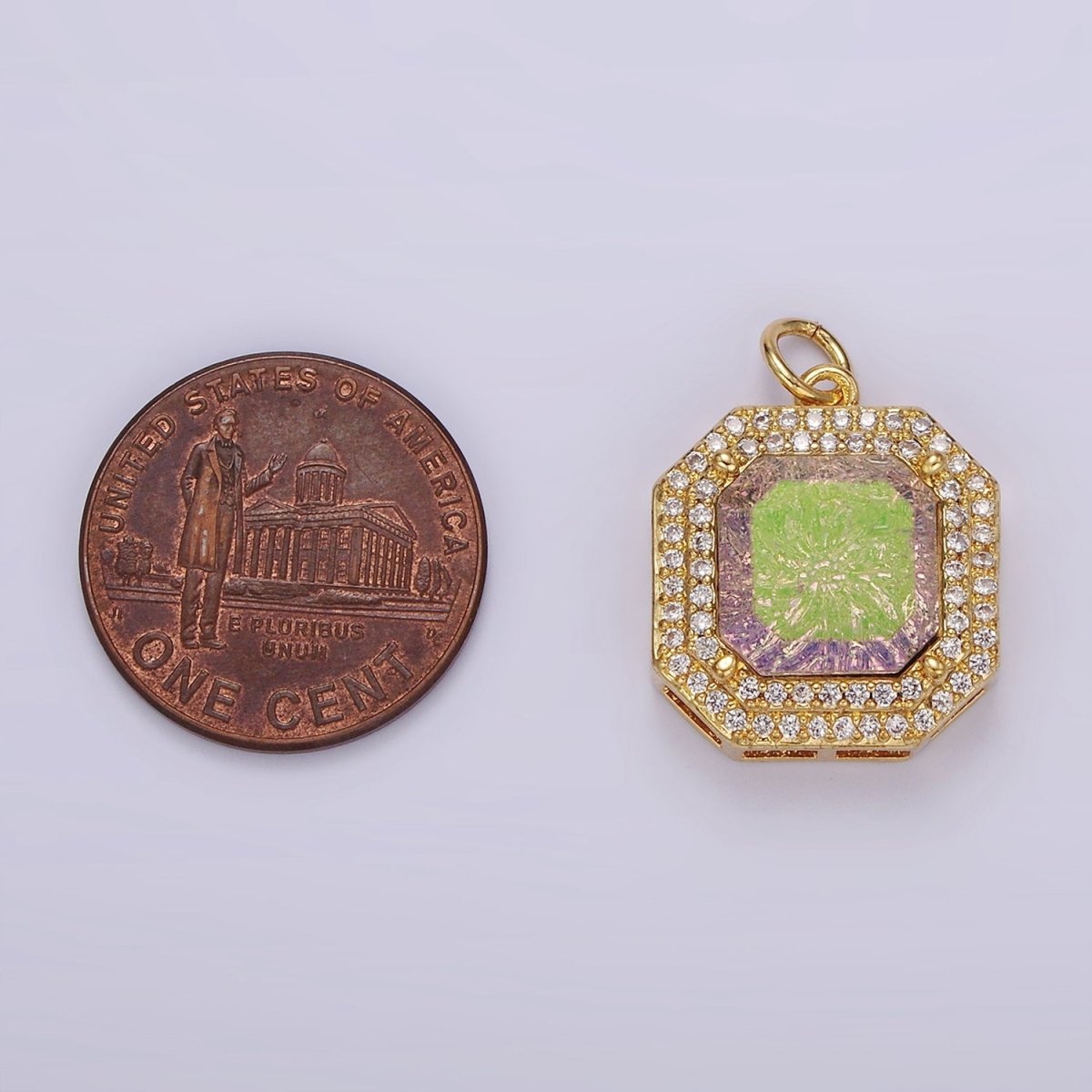 14K Gold plated Purple Iridescent CZ Micro Paved Hexagonal Charm | AG443 - DLUXCA