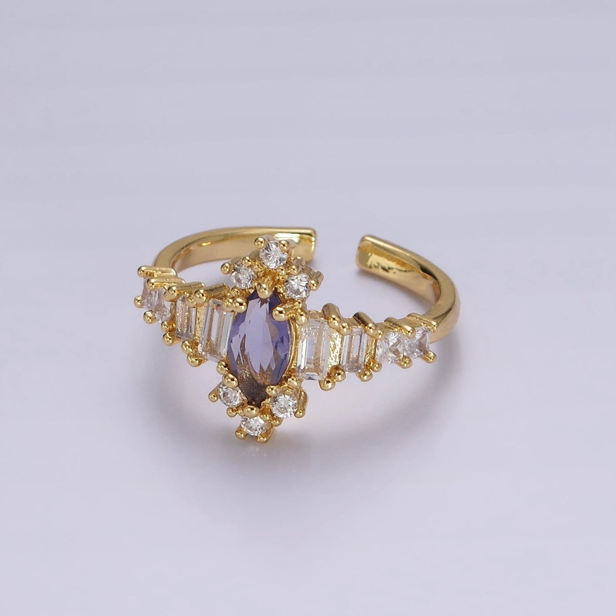 14K Gold plated Purple Marquise CZ Baguette Clear Ring | O1258 - DLUXCA