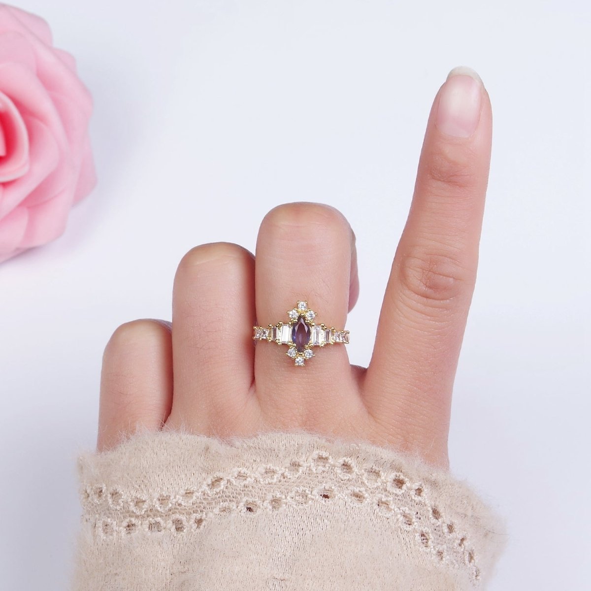 14K Gold plated Purple Marquise CZ Baguette Clear Ring | O1258 - DLUXCA