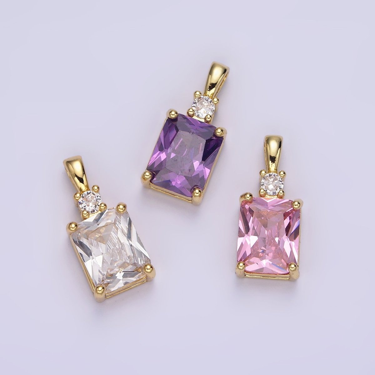 14K Gold plated Purple, Pink, Clear Baguette Square CZ Pendant | AA659 - AA661